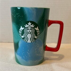 Starbucks '24 Holiday Green Brushstroke Coffee Tea Ceramic Mug Red Handle 13 oz